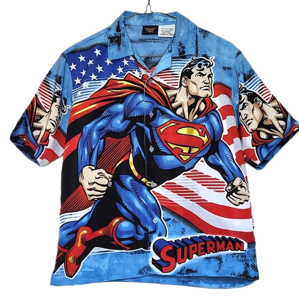 SUPERMAN All Over Print Button Up Collared Boys Large 14/16 Shirt Superhero Flag